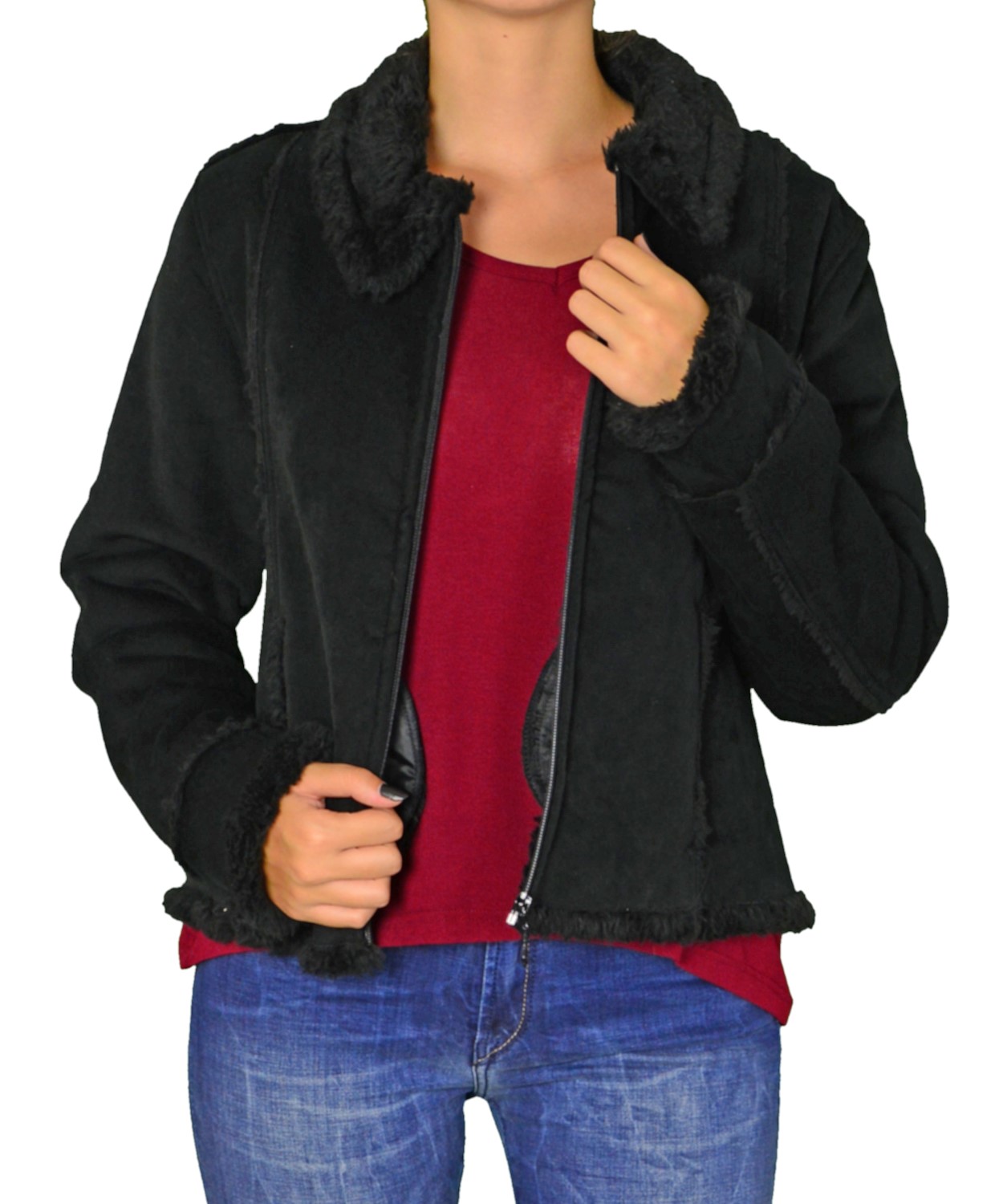 Γυναικείο σουέντ μπουφάν μαύρο με γούνα 4040C